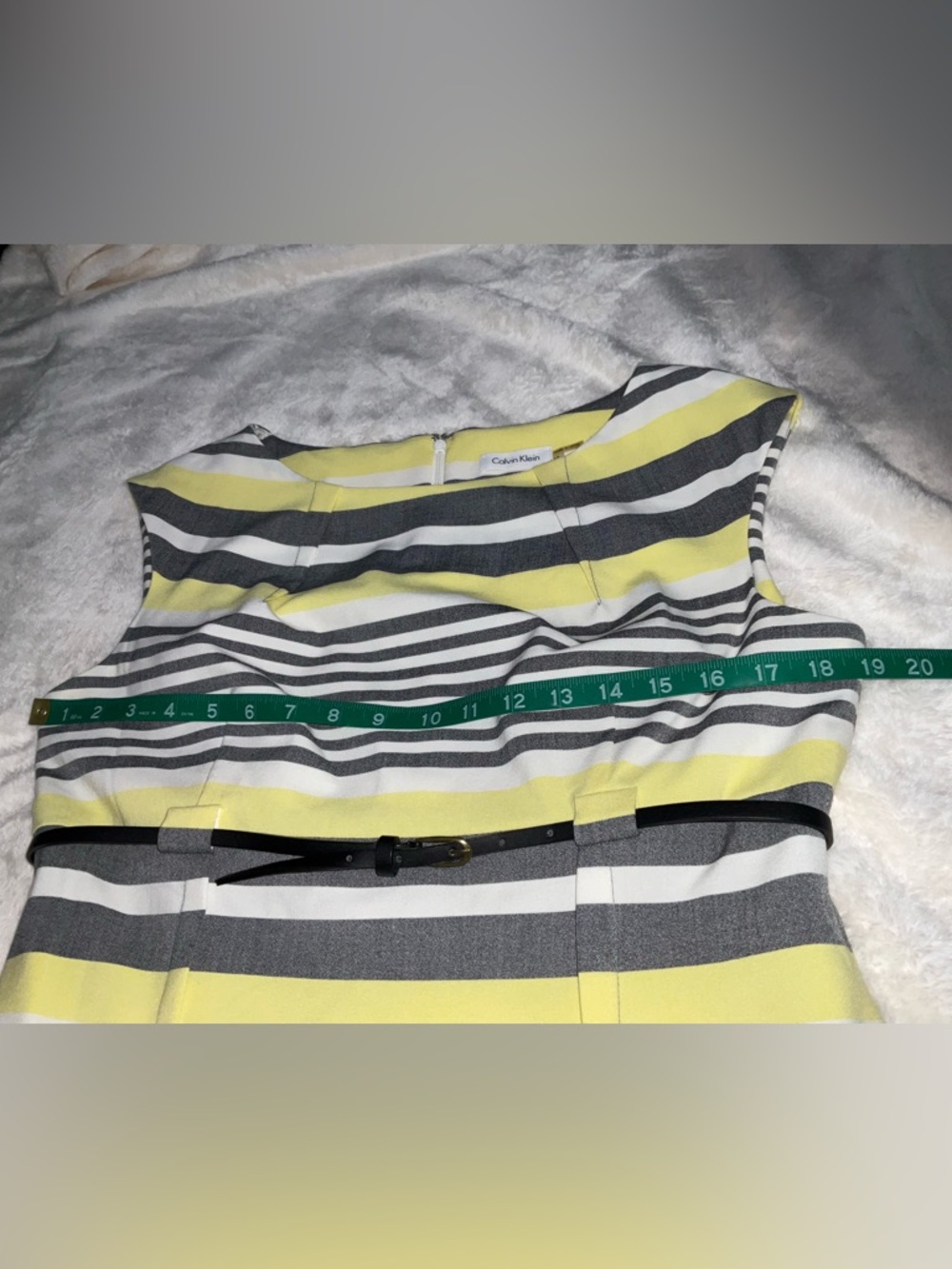 Calvin Klein Yellow, Gray and White Striped Sheath Dress with Belt Size 12 - Picture 7 of 8